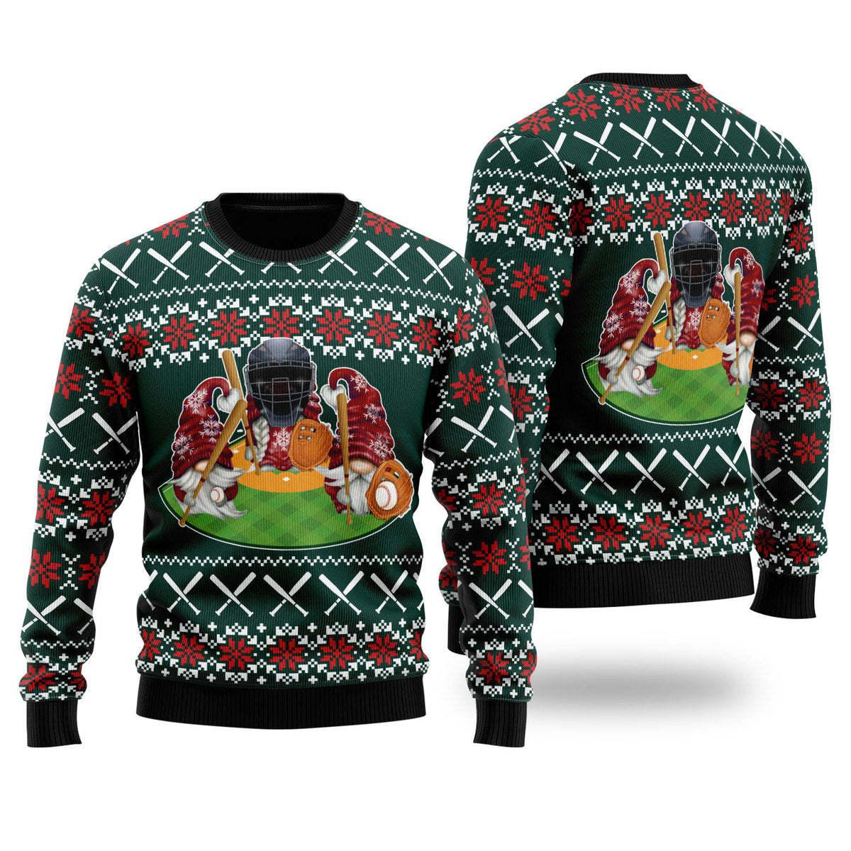 Gnomies Play Baseball All-over Print Green Ugly Xmas Sweater, Holly Jolly Christmas Gnomes Ugly Sweater, Baseball Xmas Crewneck Knitted Ugly Sweater