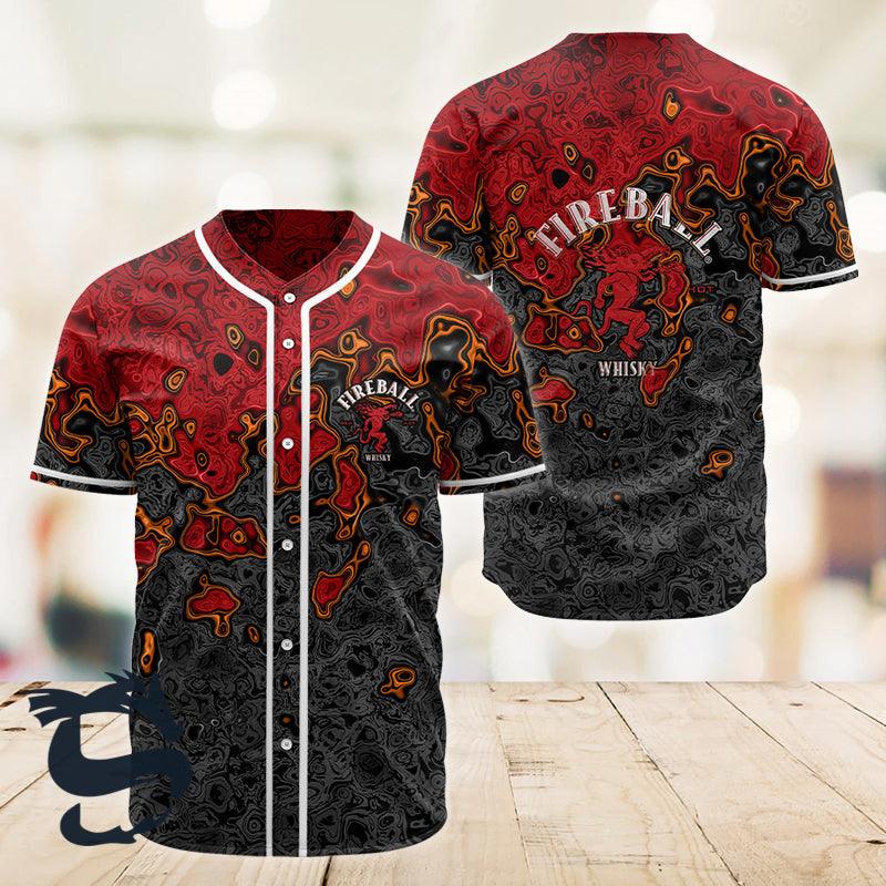 Holographic Red & Black Fireball Baseball Jersey, Fireball Logo 3d All Over Printed Baseball Jersey, Fireball Whisky Unisex Baseball Jersey