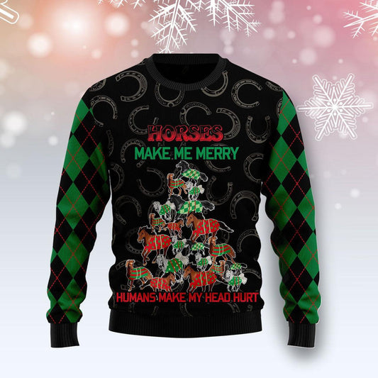 Horses Make Me Merry Ugly Christmas Sweater, Horse Christmas Tree All-over Print Ugly Sweater, Horse Lover Xmas Crewneck Knitted Ugly Sweater