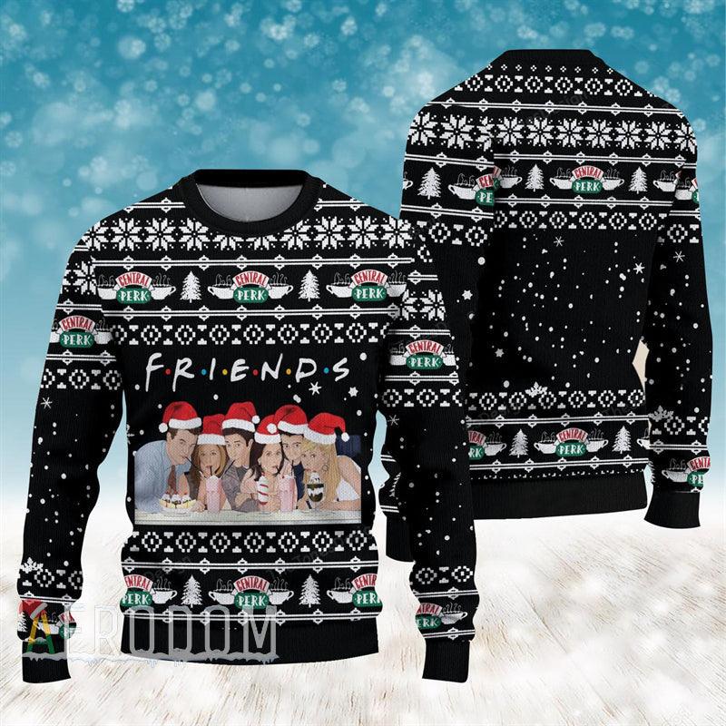 Friends Tv Show Characters Santa Hat Ugly Sweater, Friends Central Perk Black Ugly Christmas Sweater, Friends Aop Crewneck Knitted Ugly Sweater