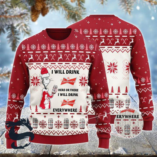 I Will Drink Budweiser Here Or There Christmas Ugly Sweater, Budweiser Beer Ugly Christmas Sweater, Budweiser Aop Holiday Crew Neck Ugly Sweater