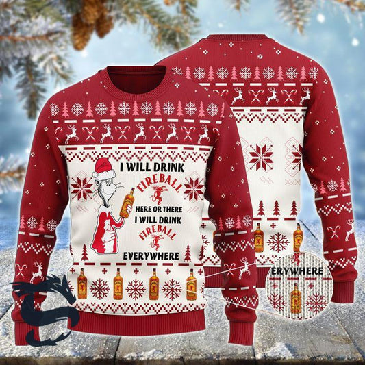 I Will Drink Fireball Whiskey Here Or There Ugly Christmas Sweater, Fireball Whiskey Ugly Sweater, All Over Print Xmas Holiday Crew Neck Ugly Sweater