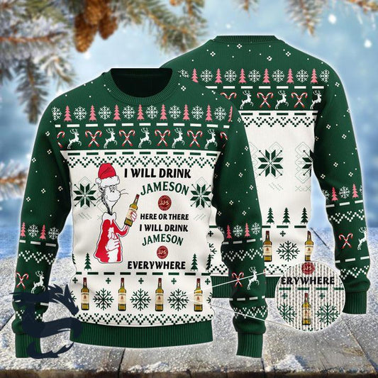 I Will Drink Jameson Here Or There Ugly Christmas Sweater, Jameson Irish Whiskey Ugly Sweater, All Over Print Christmas Holiday Crew Neck Ugly Sweater