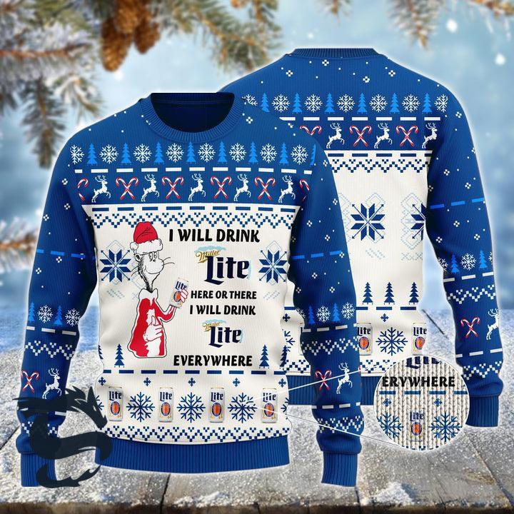 I Will Drink Miller Lite Here Or There Ugly Christmas Sweater, Miller Lite Beer Ugly Sweater, All Over Print Christmas Holiday Crew Neck Ugly Sweater