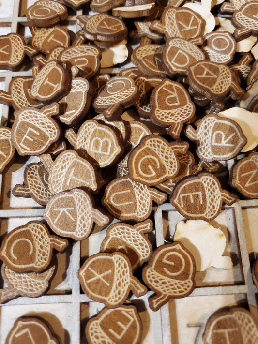 100 alphabet acorn counters loose parts manipulatives, 100 board counters, bag of acorns, sensory play, acorn tokens, montessori letters