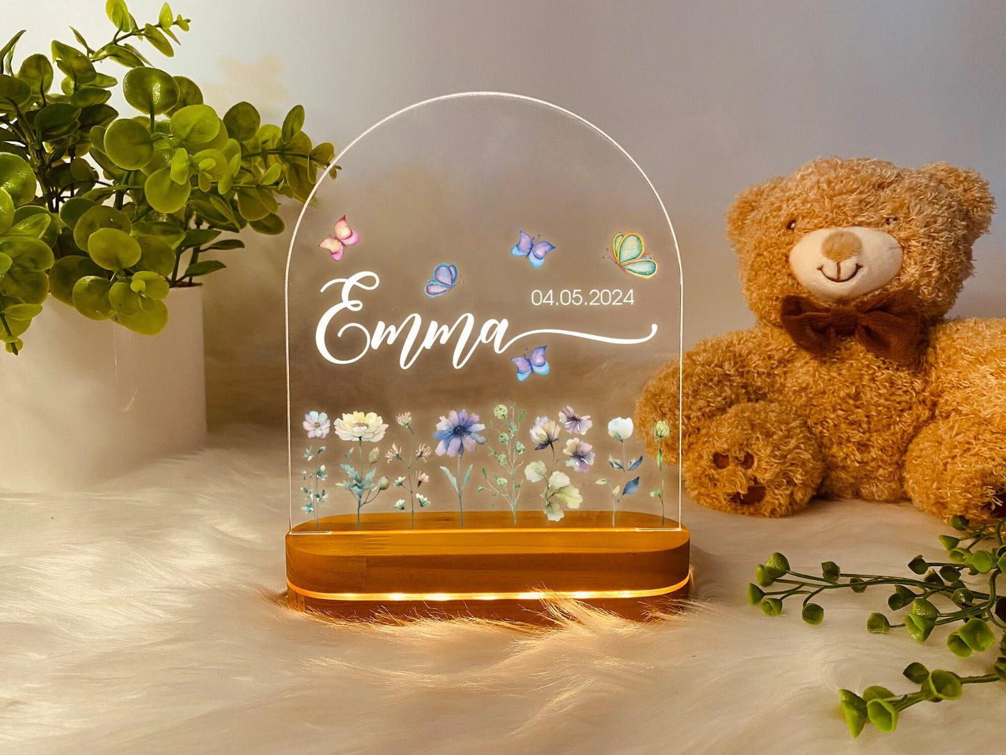 Personalized Butterflies And Flowers For Baby, Vivid Light Patterns For Baby, Custom Name Night Light, Bedroom Lamp, Flowers For Baby