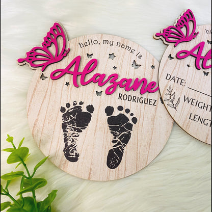Personalize Baby Birth Information ,memories Of Footprints, Baby Name, Footprint Keepsake, Birth Stat Sign Butterfly, Newborn Sign