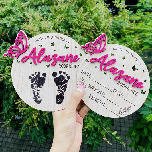Personalize Baby Birth Information ,memories Of Footprints, Baby Name, Footprint Keepsake, Birth Stat Sign Butterfly, Newborn Sign