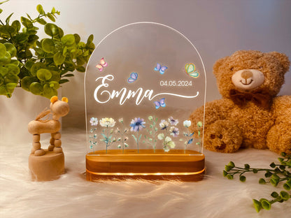 Personalized Butterflies And Flowers For Baby, Vivid Light Patterns For Baby, Custom Name Night Light, Bedroom Lamp, Flowers For Baby