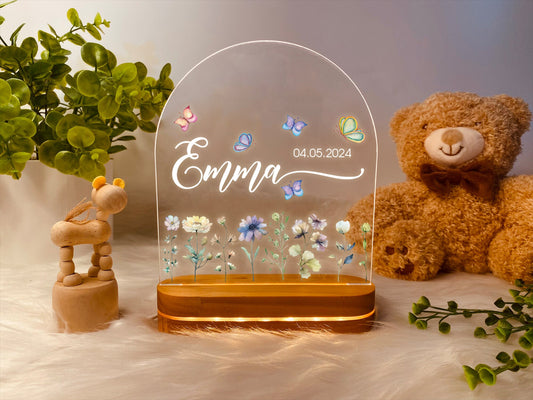 Personalized Butterflies And Flowers For Baby, Vivid Light Patterns For Baby, Custom Name Night Light, Bedroom Lamp, Flowers For Baby