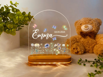 Personalized Butterflies And Flowers For Baby, Vivid Light Patterns For Baby, Custom Name Night Light, Bedroom Lamp, Flowers For Baby