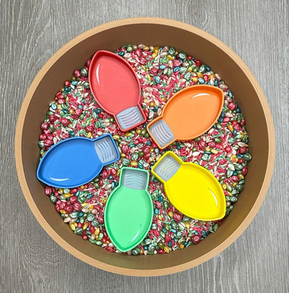 Christmas light sensory trays, xmas light sensory trays, Christmas light bulb sensory activity, sensory play lights, light bulb trays