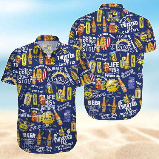 Twisted Tea All Over Printed Hawaiian Shirts, Twisted Tea Aloha Summer Beach Shirt, Twisted Tea Pattern Button Down Short Sleeve Shirts
