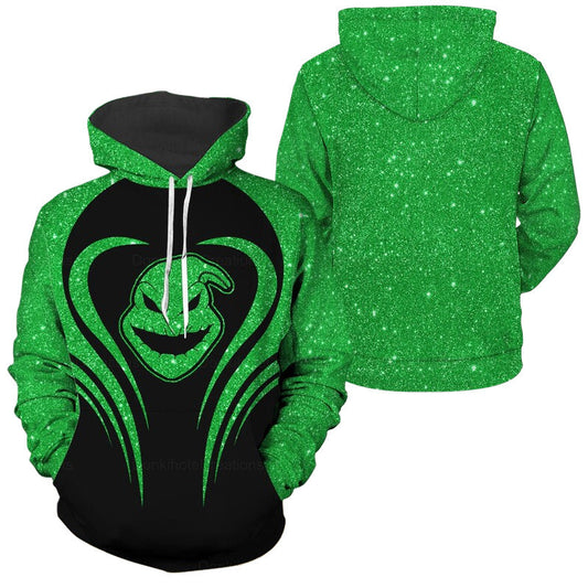 Oogie Boogie Black & Green All Over Print Hoodie, Halloween Nightmare Oogie Boogie Face 3D Hoodie, Green Oogie Boogie Pullover Hooded Sweatshirts