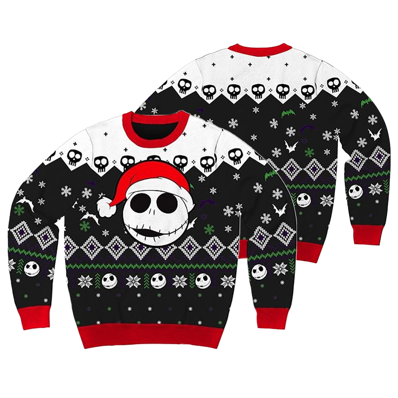 Jack Skellington Santa Hat Ugly Sweater, Jack Skellington Nightmare Before Christmas Ugly Sweater, Jack Skellington Crewneck Knitted Ugly Sweater