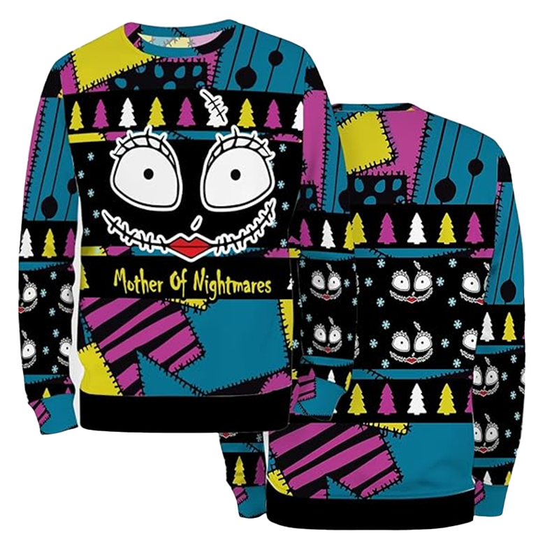 Sally Nightmare Before Christmas Face Ugly Sweater, Mother Of Nightmare Sally Costume Ugly Sweater, Sally Nightmare Crewneck Knitted Ugly Sweater