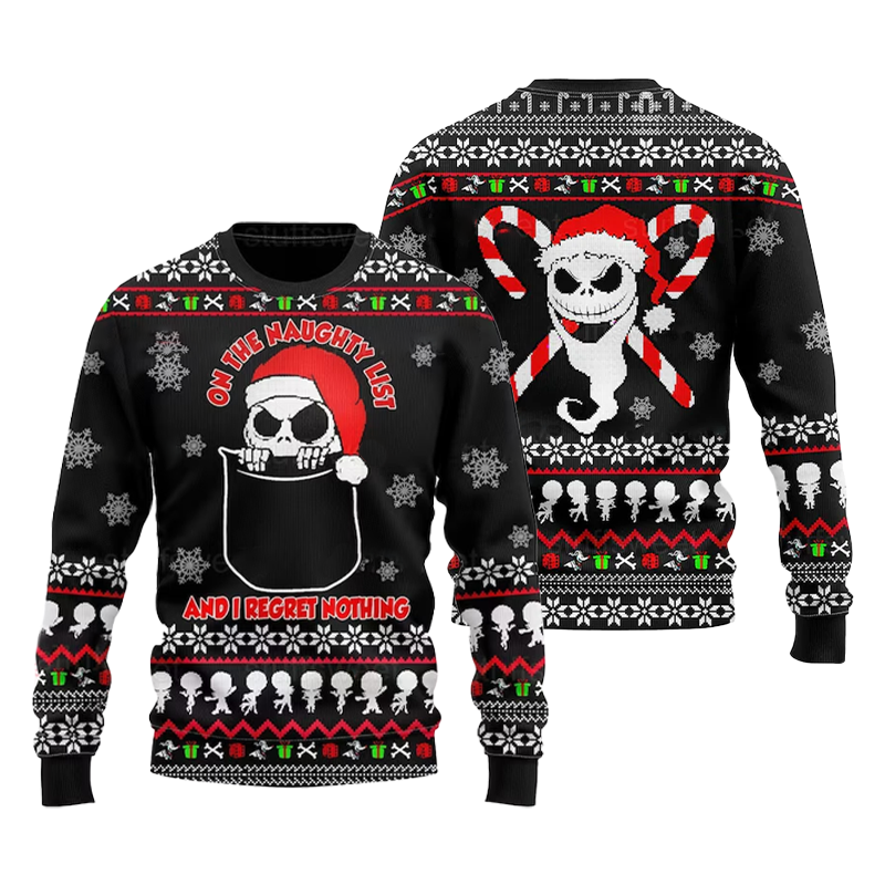 Santa Jack Skellington Regret Nothing Christmas Ugly Sweater, Naughty Jack Skellington Ugly Sweater, Jack Skellington Crewneck Knitted Ugly Sweater