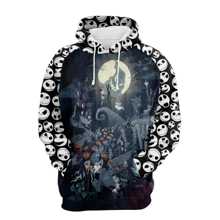 Spooky Jack And Sally Halloween Town 3D Printed Hoodie, Jack Skellington Pullover Hooded Sweatshirt, Nightmare Jack Skellington 3D Unisex Hoodies