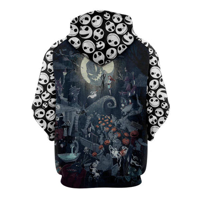 Spooky Jack And Sally Halloween Town 3D Printed Hoodie, Jack Skellington Pullover Hooded Sweatshirt, Nightmare Jack Skellington 3D Unisex Hoodies