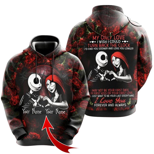 Personalized Jack Skellington Sally Love Forever 3D Hoodie, Jack & Sally Pullover Hooded Sweatshirt, Nightmare Jack & Sally Couple Printed Hoodie