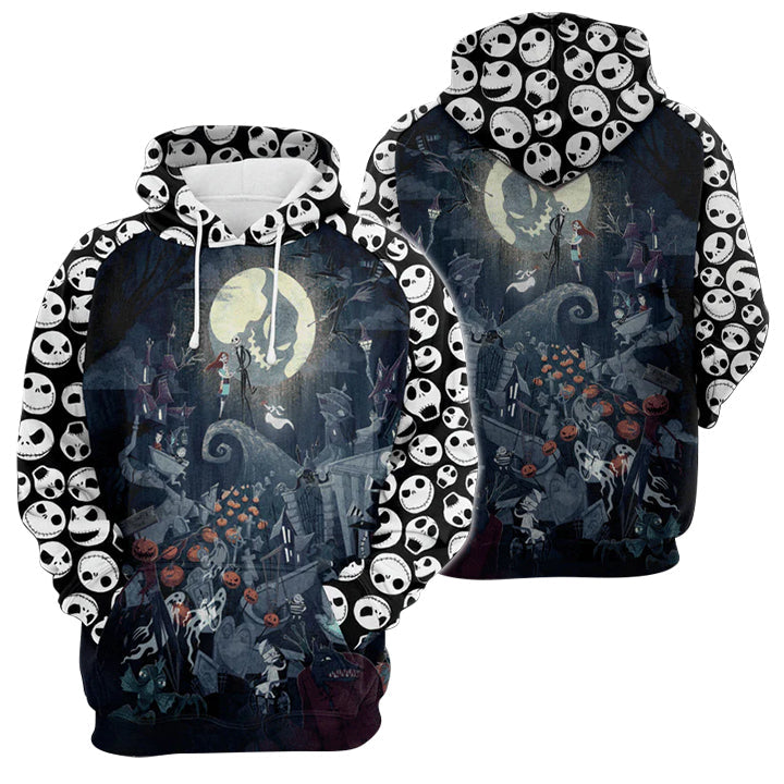 Spooky Jack And Sally Halloween Town 3D Printed Hoodie, Jack Skellington Pullover Hooded Sweatshirt, Nightmare Jack Skellington 3D Unisex Hoodies