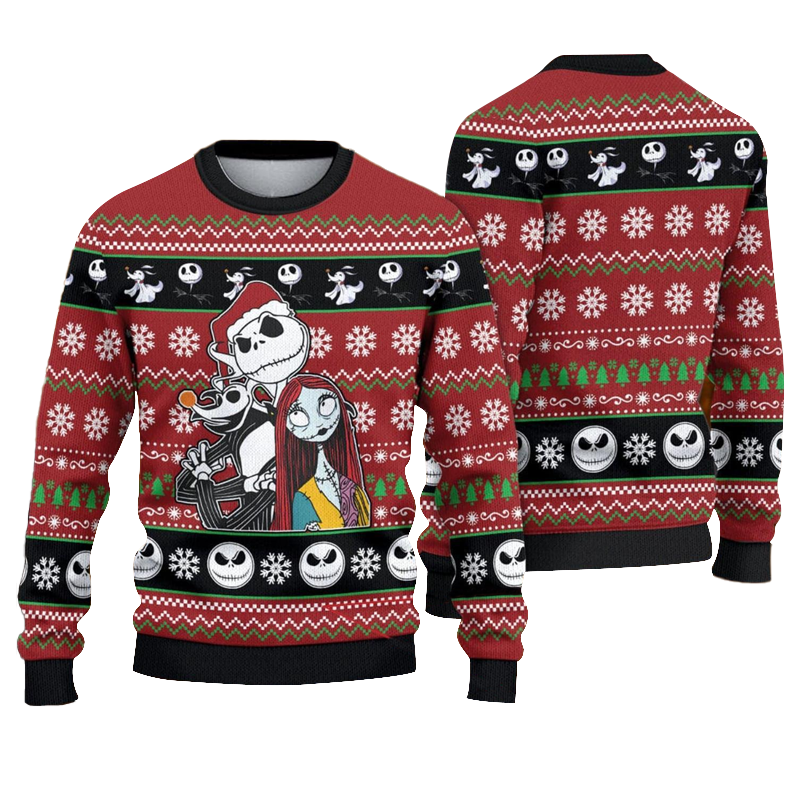 Jack Skellington Sally And Zero Christmas Ugly Sweater,the Nightmare Before Christmas Red Ugly Sweater, Jack Skellington Crewneck Knitted Sweater