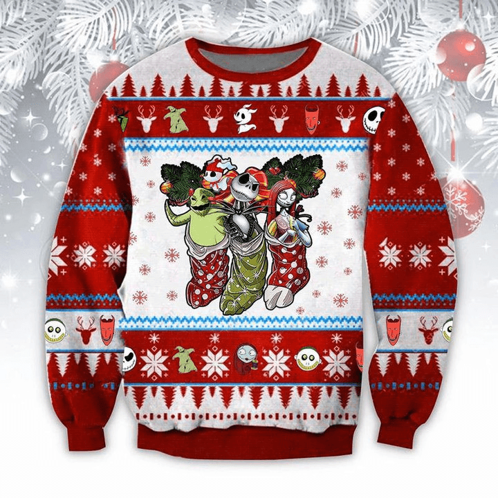 Jack Sally And Oogie Boogie Ugly Christmas Sweater, Jack Skellington Nightmare Before Christmas Ugly Sweater, Holiday Crew Neck Knitted Ugly Sweater