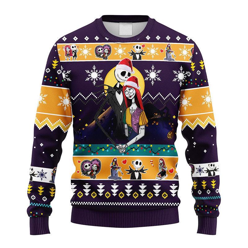 Jack And Sally In Love Nightmare Before Christmas Ugly Christmas Sweater, Jack And Sally Christmas Ugly Sweater, Xmas Holiday Crew Neck Ugly Sweaters