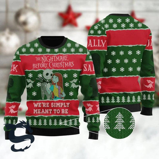 Jack Sally We're Simply Meant To Be Ugly Christmas Sweater, Nightmare Before Christmas Red Green Ugly Sweater, Xmas Crewneck Knitted Ugly Sweater