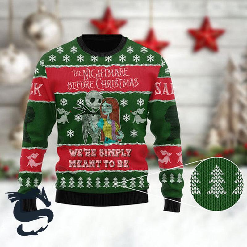 Jack Sally We're Simply Meant To Be Ugly Christmas Sweater, Nightmare Before Christmas Red Green Ugly Sweater, Xmas Crewneck Knitted Ugly Sweater