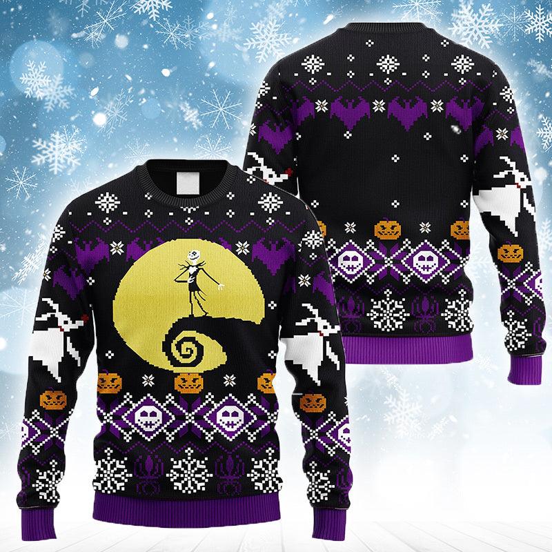 Jack In The Nightmare Before Christmas Ugly Sweater, Jack Skellington Moon Night Ugly Christmas Sweater, Horror Holiday Crewneck Ugly Sweater