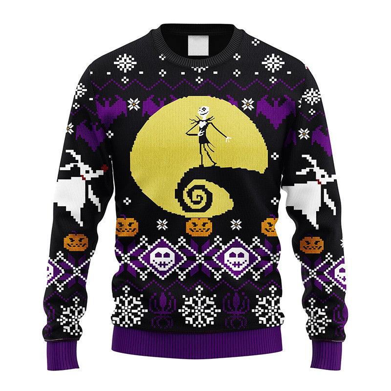 Jack In The Nightmare Before Christmas Ugly Sweater, Jack Skellington Moon Night Ugly Christmas Sweater, Horror Holiday Crewneck Ugly Sweater