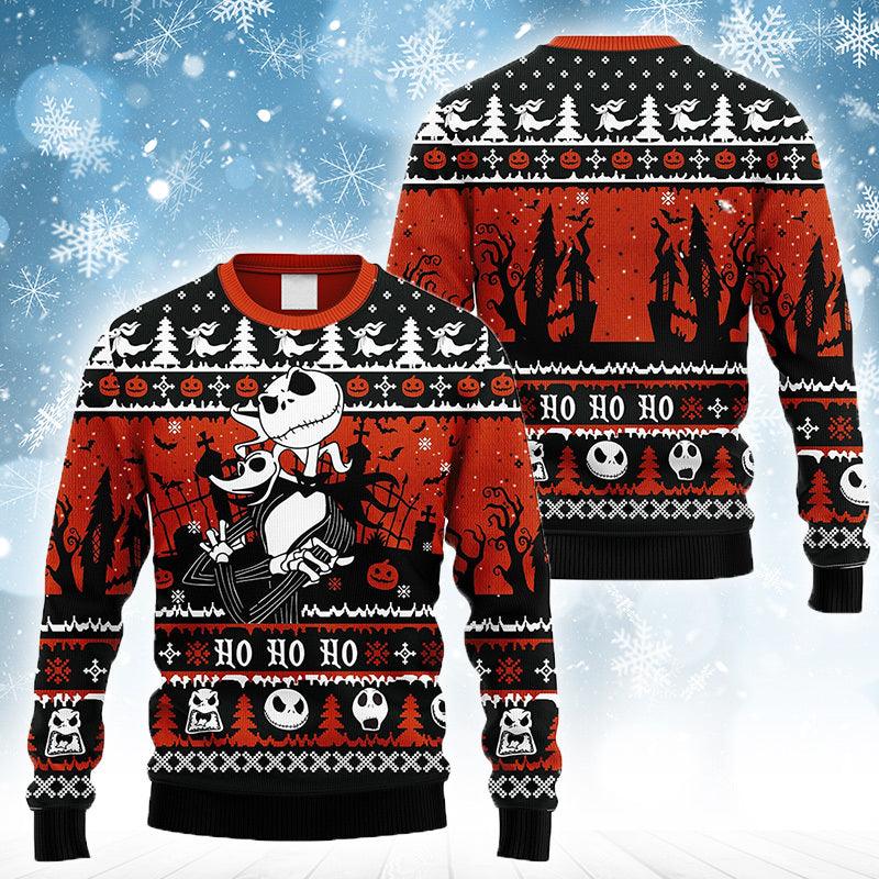 Jack And Zero Nightmare Before Christmas Ugly Sweater, Jack Skellington Ho Ho Ho Christmas Ugly Sweater, Horror Holiday Crew Neck Ugly Sweaters