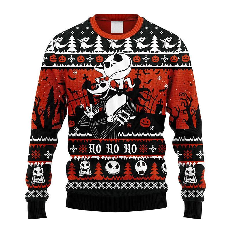 Jack And Zero Nightmare Before Christmas Ugly Sweater, Jack Skellington Ho Ho Ho Christmas Ugly Sweater, Horror Holiday Crew Neck Ugly Sweaters