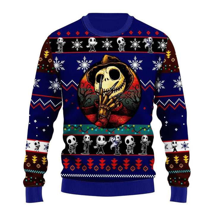 Cowboys Jack Skellington Blue Big And Tall Ugly Christmas Sweater, Jack Skellington Ugly Sweater, Jack Skellington Holiday Crew Neck Ugly Sweaters