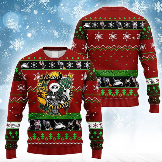 Jack Skellington's Christmas Plan Ugly Sweater, Jack Skellington Nightmare Before Christmas Ugly Sweater, Horror Christmas Crew Neck Ugly Sweater