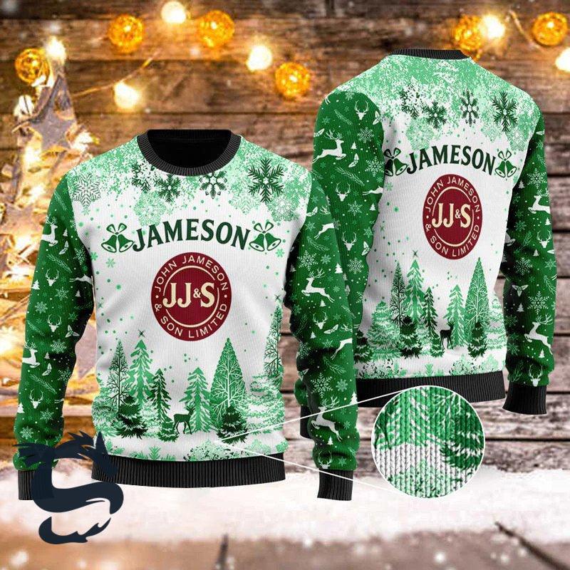 Jameson Whiskey Christmas Snowflakes Green Ugly Sweater, Jameson Logo Printed Ugly Christmas Sweater, Jameson Xmas Crewneck Knitted Ugly Sweater