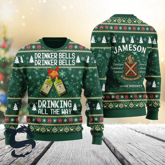 Jameson Drinker Bells Drinking All The Way Ugly Sweater, Jameson Irish Whiskey Christmas Ugly Sweater, Jameson Green Christmas Crew Neck Sweater