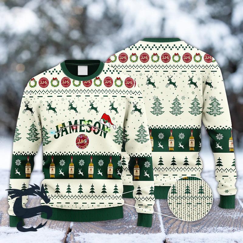 Jameson Irish Whiskey Santa Hat Ugly Christmas Sweater, Jameson Whiskey Reindeer Snowy Xmas Ugly Sweater, Jameson Xmas Holiday Crew Neck Ugly Sweater