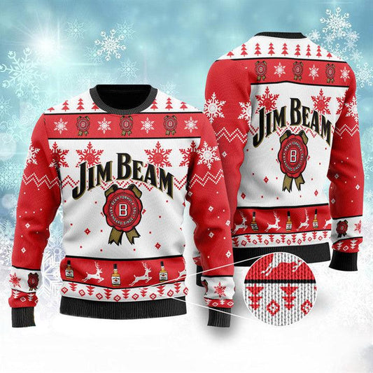 Jim Beam Bourbon Whiskey Ugly Christmas Sweater, Jim Beam Bourbon Whiskey Lovers Xmas Ugly Sweater, Jim Beam Logo Christmas Crew Neck Ugly Sweater