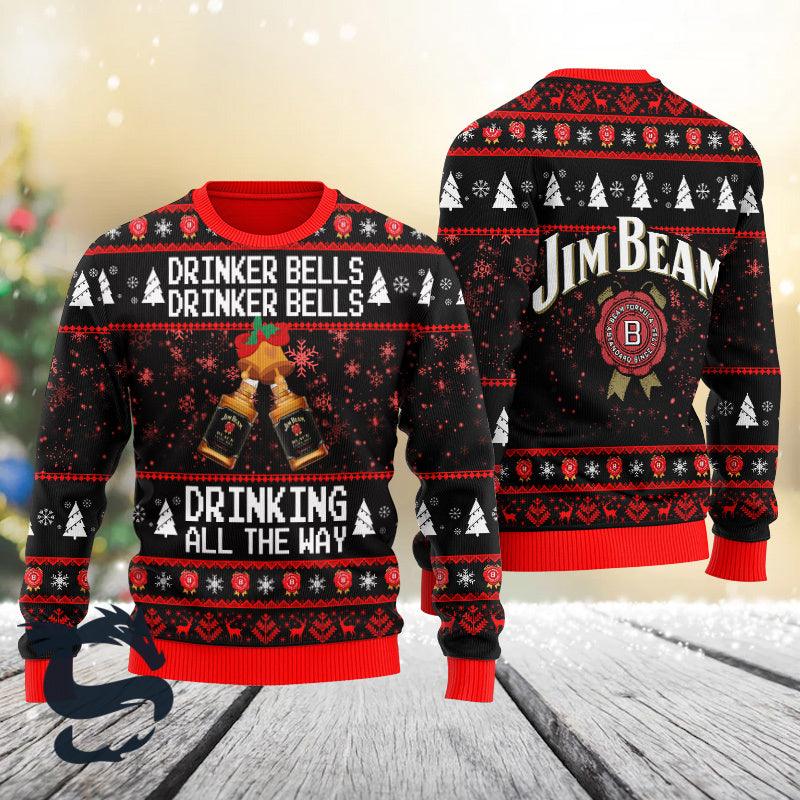 Jim Beam Drinker Bells Drinking All The Way Ugly Sweater, Jim Beam Bourbon Whiskey Christmas Ugly Sweater, Jim Beam Crewneck Knitted Ugly Sweater