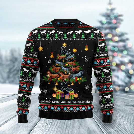 Jingle Bell Horses Christmas Tree Ugly Christmas Sweater, Christmas Tree Horse Ugly Sweater, Horse Lovers Christmas Holiday Crewneck Ugly Sweaters