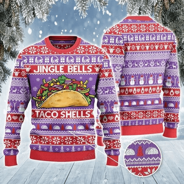 Jingle Bells Taco Shells Taco All Over Print Ugly Sweater, 3d Taco Christmas Pattern Purple Ugly Sweater, Taco Shells Xmas Knitted Ugly Sweater