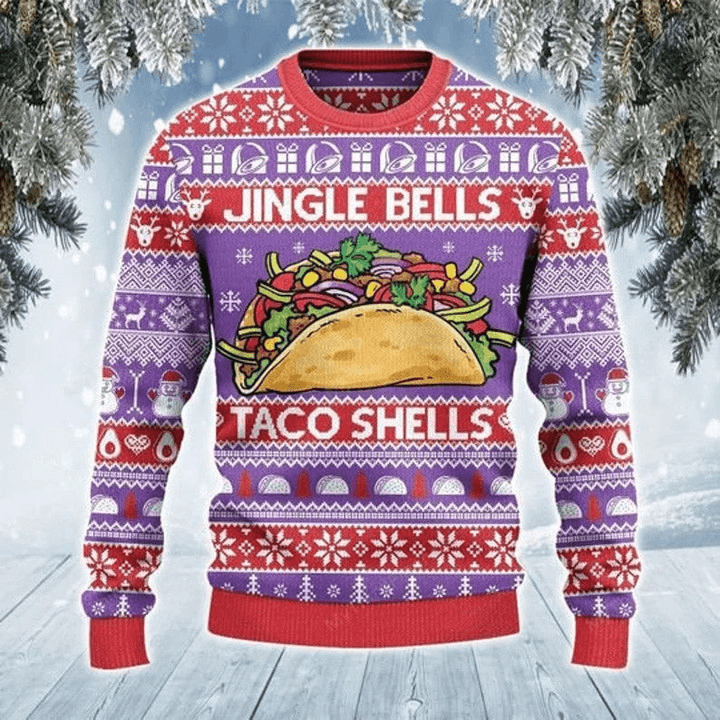 Jingle Bells Taco Shells Taco All Over Print Ugly Sweater, 3d Taco Christmas Pattern Purple Ugly Sweater, Taco Shells Xmas Knitted Ugly Sweater