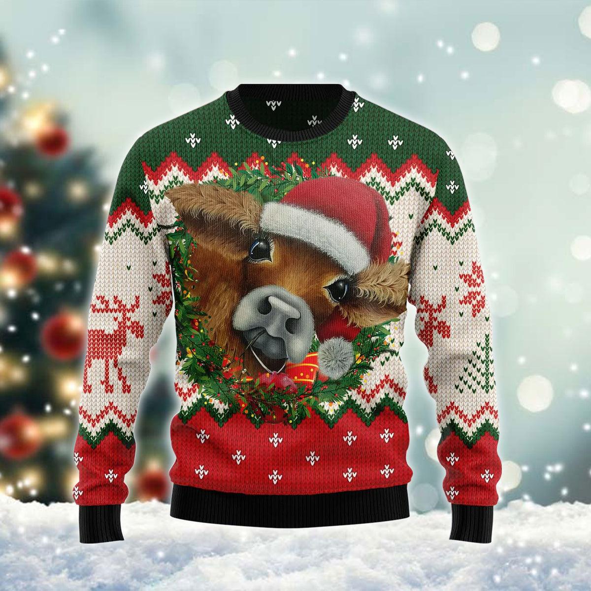 Just A Girl Who Like Santa Cow Christmas Ugly Sweater, Santa Hat Cow Ugly Christmas Sweater, Cow 3d Printed Christmas Holiday Crewneck Ugly Sweaters