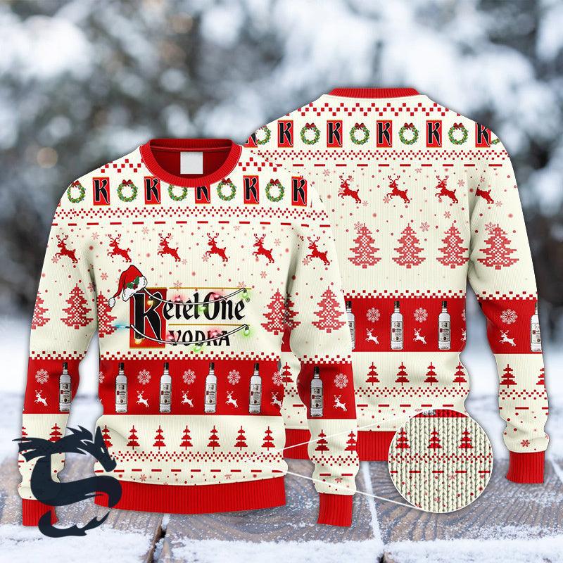 Christmas Lights Ketel One Vodka Santa Hat Ugly Sweater, Ketel One Vodka Reindeer Snowy Christmas Ugly Sweater, Ketel One Vodka Crewneck Ugly Sweater