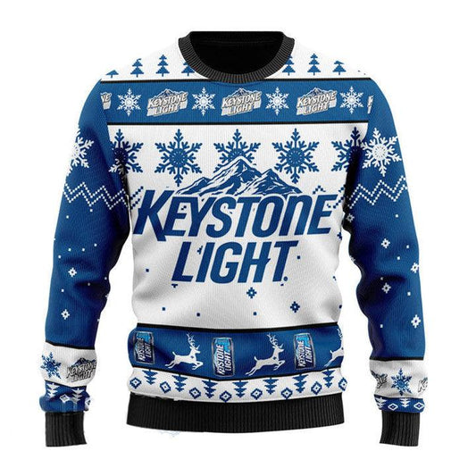 Keystone Light Beer Ugly Christmas Sweater, Keystone Light Beer Blue Ugly Sweater, All Over Print Christmas Holiday Crew Neck Ugly Sweater