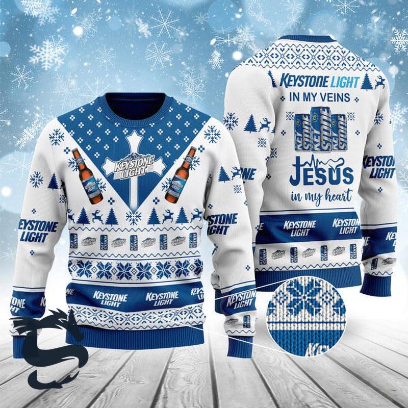 Keystone Light In My Veins Jesus In My Heart Ugly Sweater, Keystone Light Beer Ugly Christmas Sweater, Keystone Light Holiday Crew Neck Ugly Sweater