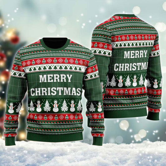 Snowman Light Up Merry Christmas Ugly Sweater, Red And Green Xmas Pattern Ugly Christmas Sweater, Merry Christmas Holiday Crew Neck Ugly Sweater