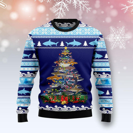 Lights Shark Christmas Tree Ugly Sweater, Christmas Tree Shark Blue Christmas Ugly Sweater, Shark Lovers Christmas Holiday Crewneck Ugly Sweaters